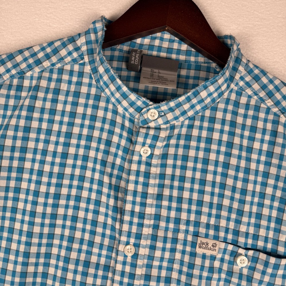 Jack Wolfskin Shirt Mens L Slim Fit Blue Plaid Blade Collar UV‎ Shield Vented